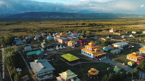 Aerial view of a Buddhist Temple complex Ivolginsky datsan in republic of Buryatia, Russia. Buddhist monastery. Popular tourist destination. photo