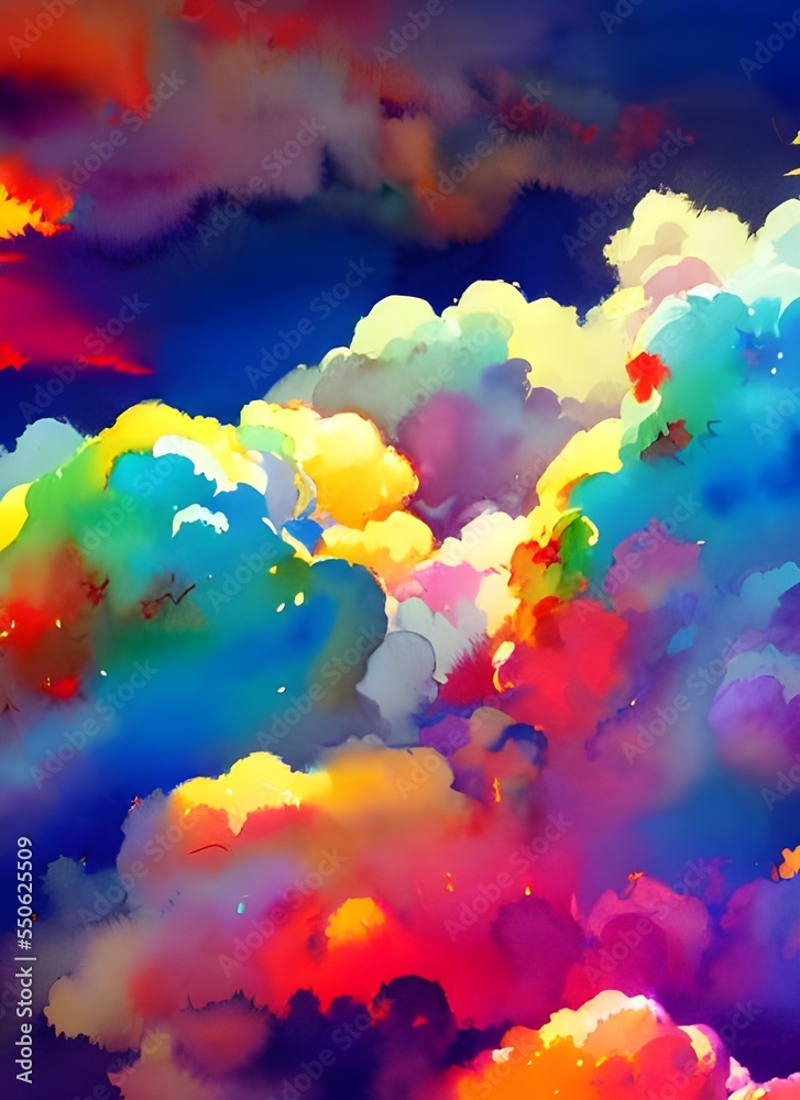 The clouds in the sky are a beautiful watercolor painting. The colors are orange, pink, and purple. The sun is setting behind the clouds, and it looks like there is a storm brewing.