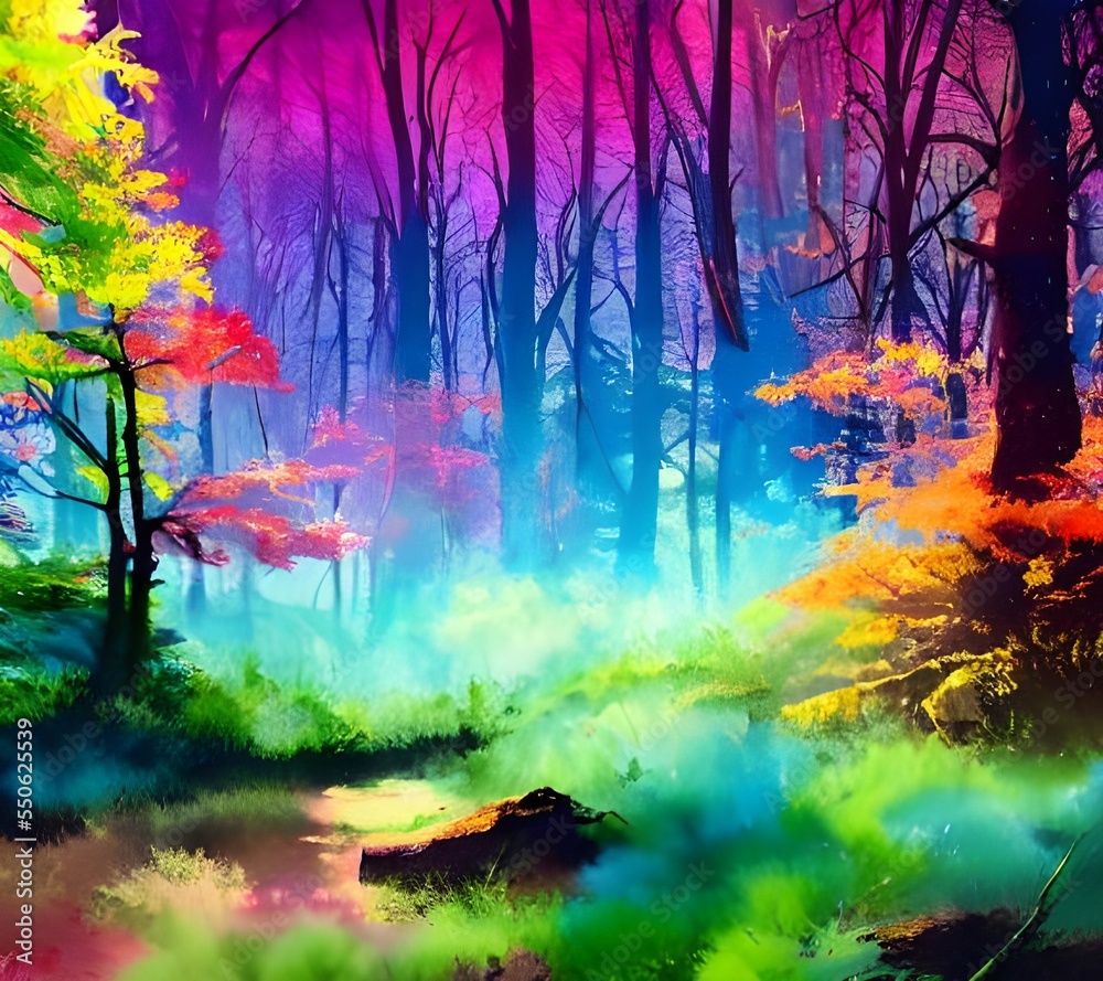 Fototapeta premium Vibrant greens, pinks, and purples dance across the page, mingling together in an ethereal forest landscape. A delicate river weaves its way through the scene, adding a serene touch to the painting.