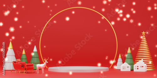 赤い背景に置かれたクリスマスシンボル / コピースペースのあるクリスマスセール・キャンペーン用背景 / 3Dレンダリング