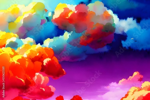 I am looking at a beautiful watercolor painting of some clouds. The sky is very blue, and the clouds are fluffy and white. Some of the clouds are tinged with pink, orange, and yellow from the sun sett