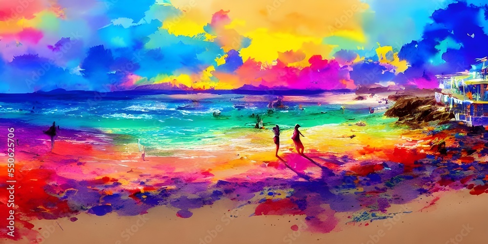 I am looking at a watercolor painting of a beach. The sky is blue and the ocean is a deep blue-green. There are some whitecaps on the waves. The sand is golden yellow and there are two figures walking