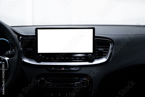 Multimedia screen in the interior of a modern car with space for a message. Copyspace © Daniel Jędzura