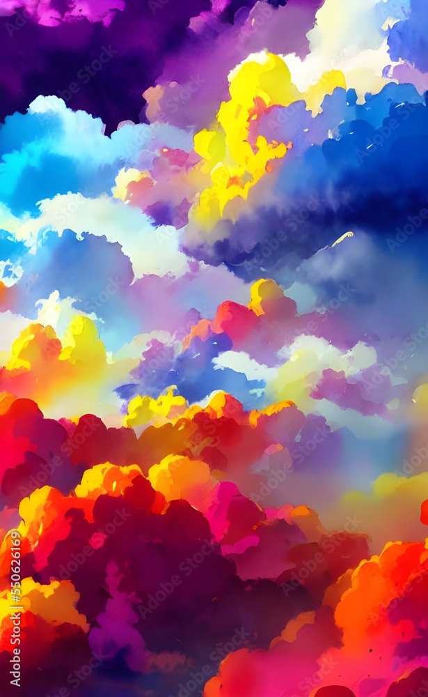 I am looking at a painting of colorful clouds. They are shades of pink, purple, and blue, with wispy white lines throughout. The background is a deep navy color.