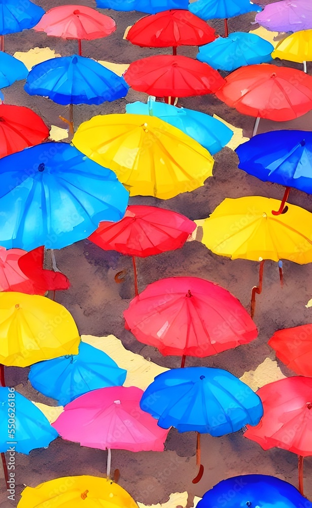 It is a sunny day at the beach. The sky is blue and there are fluffy white clouds. The sand is golden and so are the colorful umbrellas that line the shore. In the water, people are swimming and surfi It is a sunny day at the beach. The sky is blue and there are fluffy white clouds. The sand is golden and so are the colorful umbrellas that line the shore. In the water, people are swimming and surfi