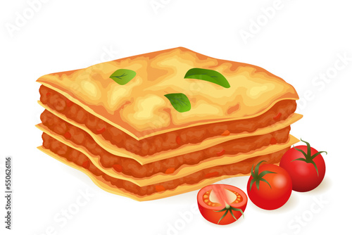 Lasagna slice and cherry tomatoes isolated on white background