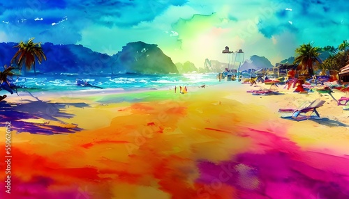 The watercolor is a beautiful and soft blend of colors. The beach scene is complete with sun, sand, and blue waves crashing against the shore. © dreamyart