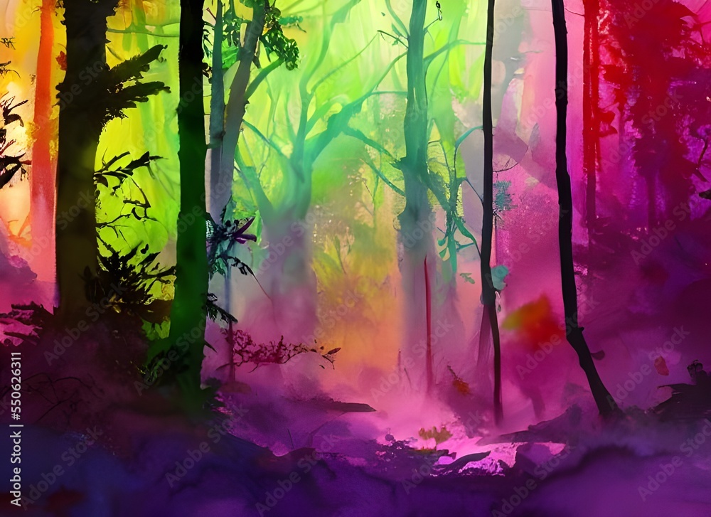 The colors in the forest watercolor are so bright and vibrant that they almost seem to jump off of the page. The greens, blues, and purples all swirl together in a beautiful mess, creating a stunning 