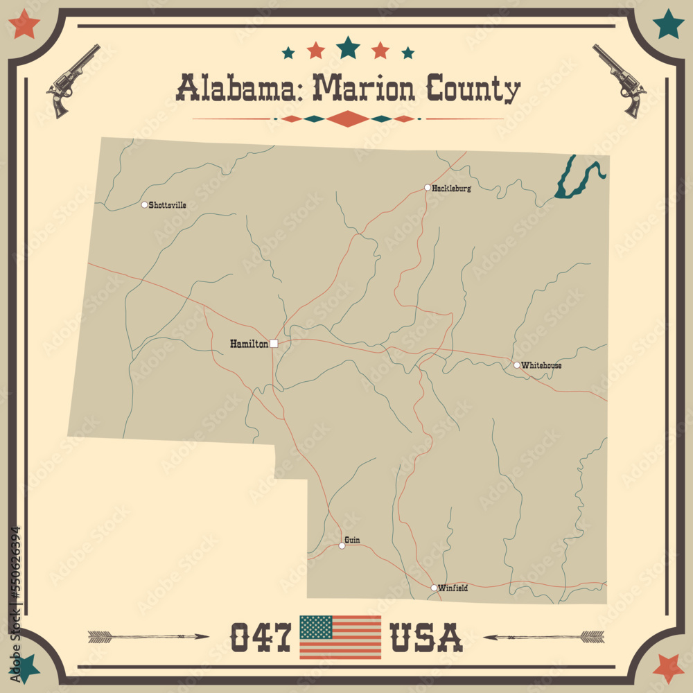 Large and accurate map of Marion county, Alabama, USA with vintage colors.