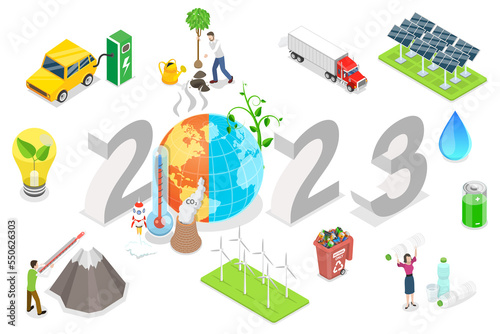 3D Isometric Flat Conceptual Illustration of New Year 2023 And Climate Change