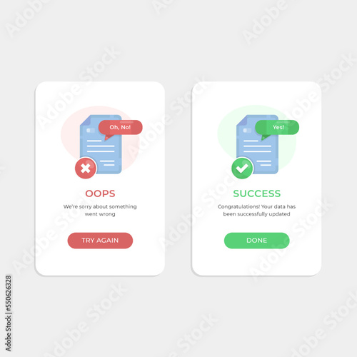 Success and error message UI banner illustration vector flat design style, wrong and right sign file vector, popup user interface elements, Vector illustration of UI and UX
