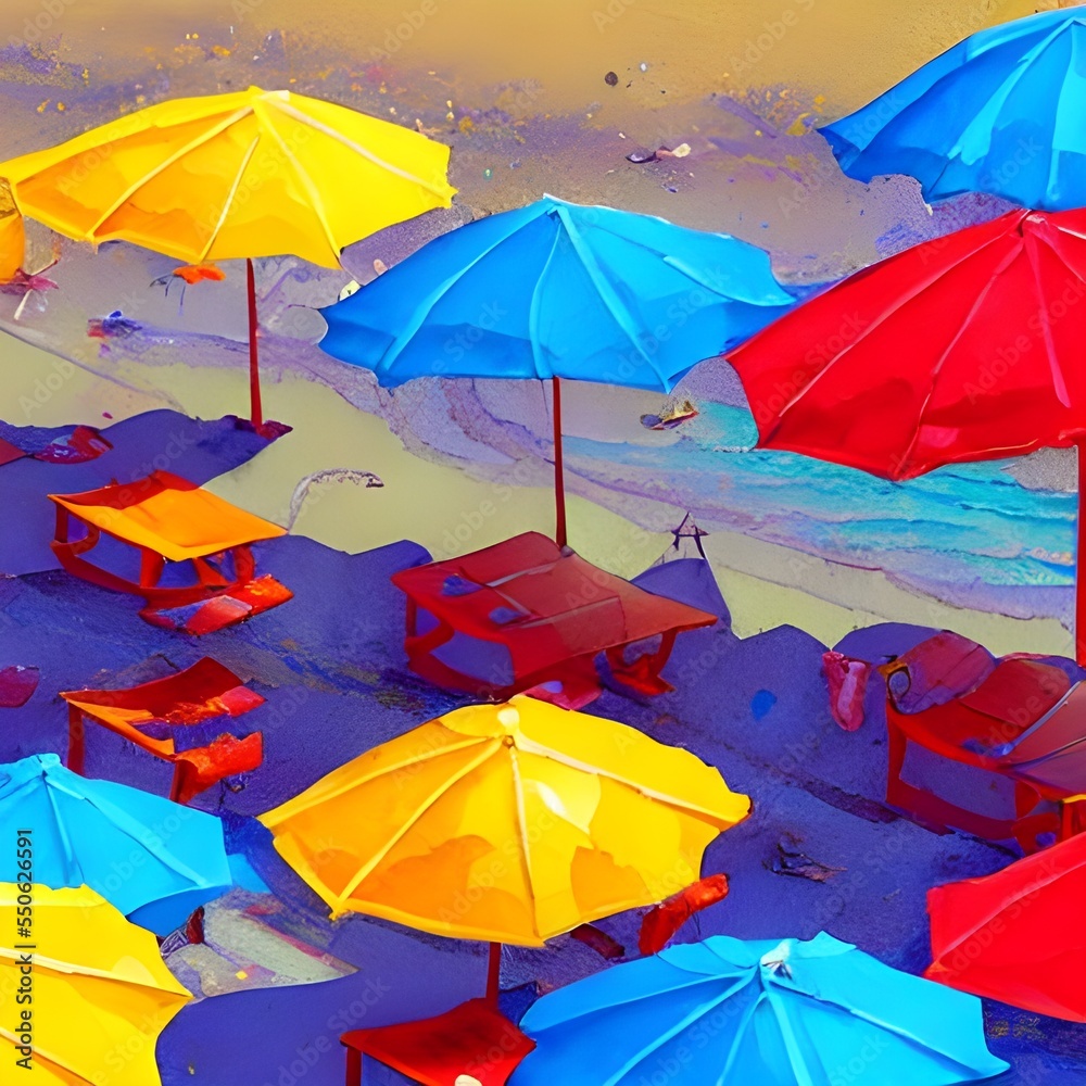 A beautiful ocean blue is the backdrop for this painting, in the foreground are many different-colored beach umbrellas. Some people are seated under them, enjoying the view and each other's company. T