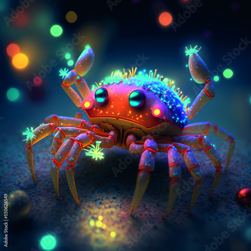 Tiny and cute crab, christmas lights and sparkles. Cartoon style illustration, AI generated.