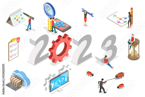 3D Isometric Flat Conceptual Illustration of New Year 2023 And Software Development
