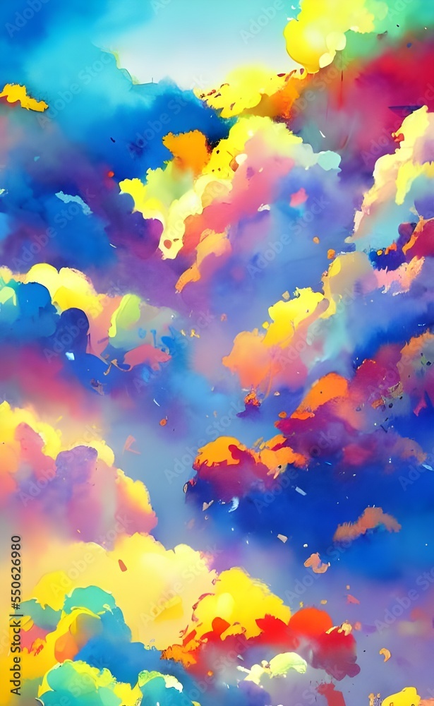 The colorful clouds watercolor is a beautiful painting. The colors are very bright and vibrant. The clouds look like they are in motion.