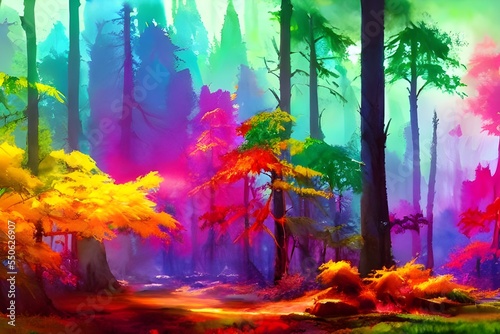 In this painting, a rainbow of colors splash and blend together in an enchanting forest landscape. Tall trees soar upwards, their leaves rustling in the breeze. A tranquil stream winds its way through