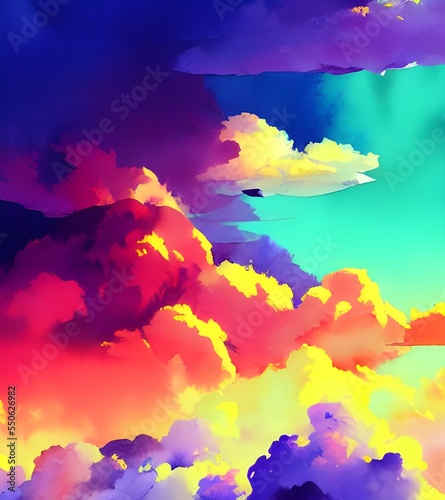 I am looking at a beautiful watercolor painting of some colorful clouds. The artist has used different shades of blue, green, and purple to create the clouds, and they look very realistic. The backgro