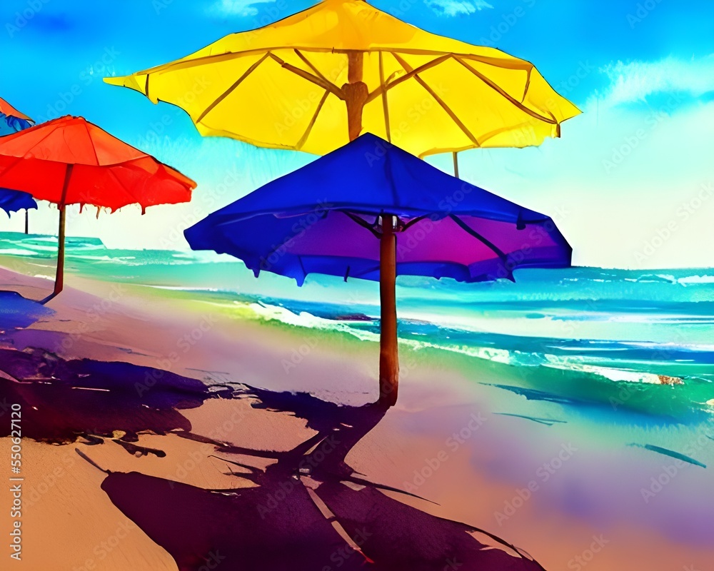 The sun is shining and the waves are crashing as people relax under brightly colored beach umbrellas. The watercolor painting depicts a scene of serenity, with different shades of blue making up the s