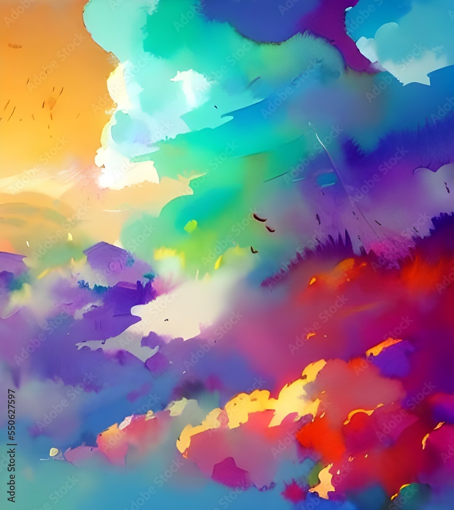 The clouds are a deep blue, almost purple color and they are highlighted with pinks and oranges. The watercolor is light and airy, making the scene look dreamlike.