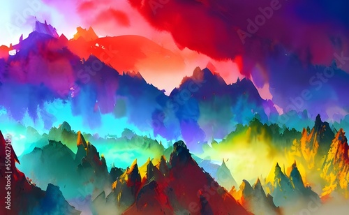 A scene of colorful mountains in different shades with a touch of blue sky and waterfalls.