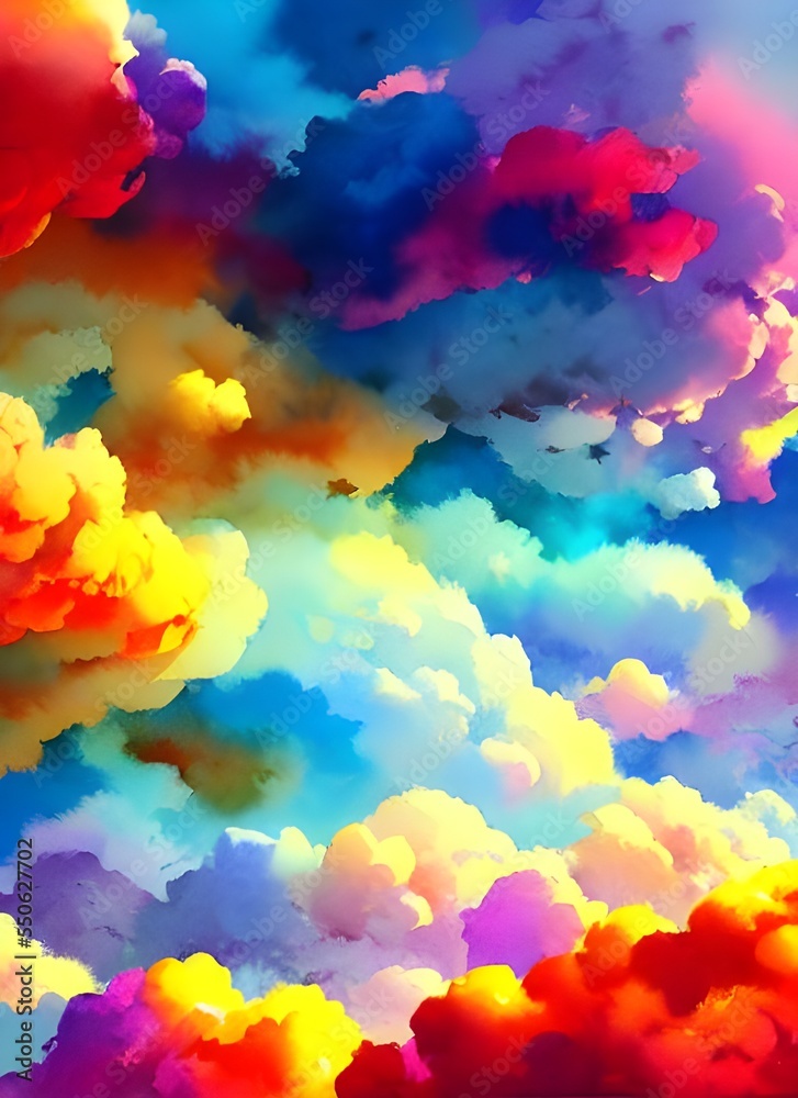 I am observing a piece of art that consists of colorful clouds painted in watercolor. The hues are varied and bright, creating a beautiful scene.
