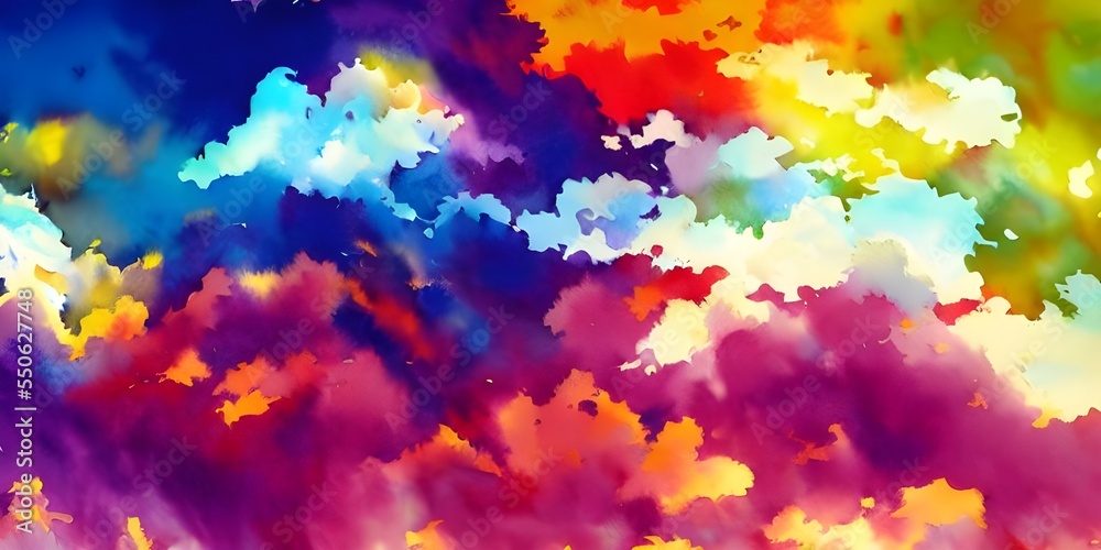 The clouds are a colorful watercolor, with blues, greens, and purples. They swirl and blend together in a beautiful way. The sky is a deep blue, and the sun is shining.