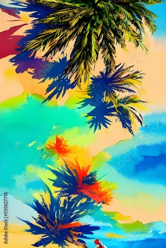 This colorful beach watercolor is so pretty! The different colors of the ocean are really cool to look at and the way they blend together is amazing. © dreamyart