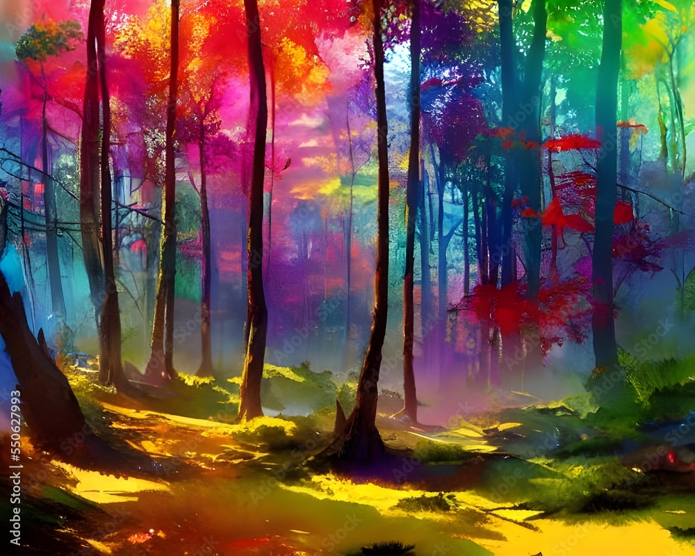 This is a beautiful watercolor painting of a forest scene. The trees ...