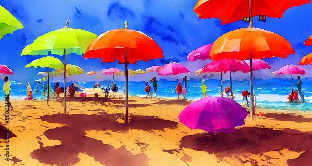 The ocean is a deep blue and the sky is a bright, pretty blue. The sun is shining and there are people on the beach with their colorful umbrellas.