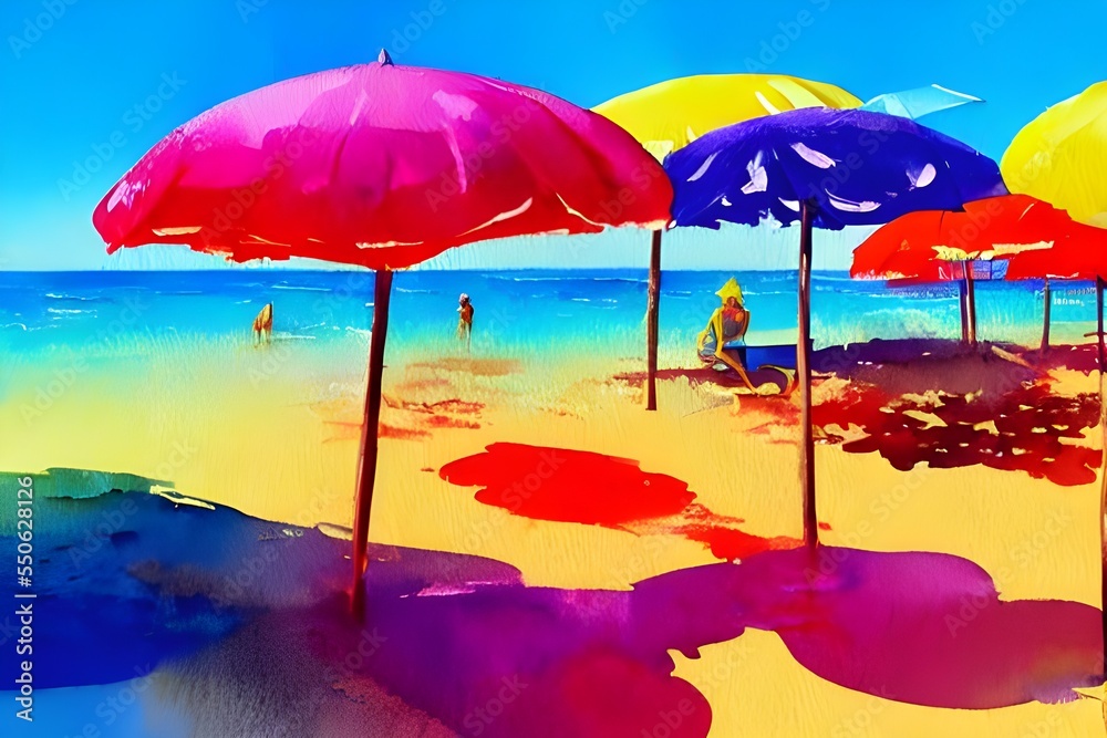 The sun is shining and the waves are crashing against the shore. The umbrellas are brightly colored and they look like they're floating on the water.