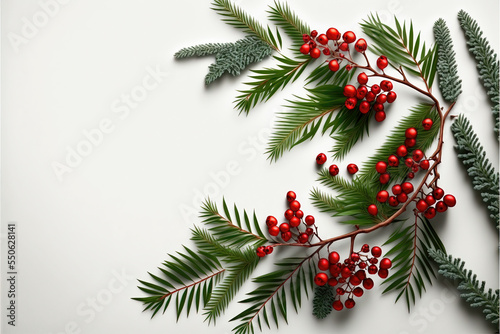 Christmas flat lay with room for text. Pine  berries  white background  4k size