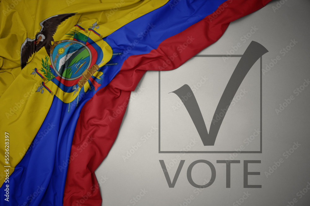 waving colorful national flag of ecuador on a gray background with text vote. 3D illustration