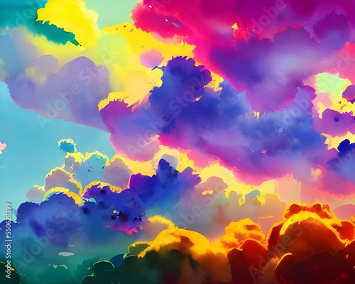 The sky is a gradient of blues, greens, and purples. Clouds in various shades drift lazily across the canvass. A hint of pink peeks out from under one particularly fluffy cumulous cloud. In the center