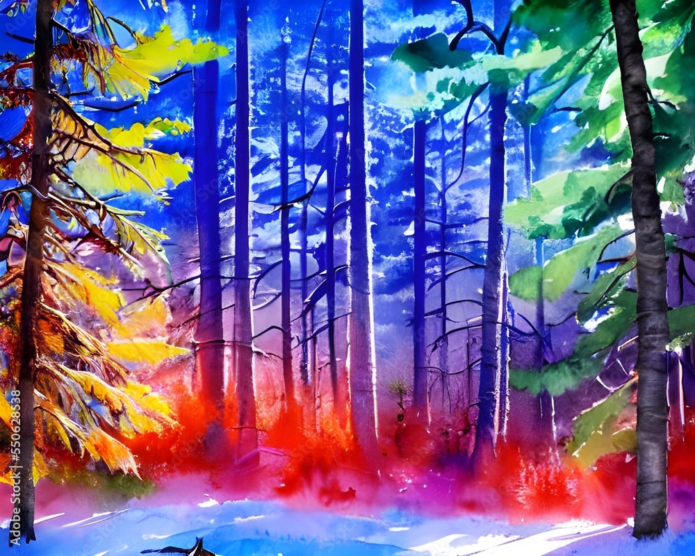 There is a colorful winter forest watercolor. The colors are very bold and beautiful. The trees are a deep green, the sky is a light blue, and the snow is a bright white. This painting is very pretty 