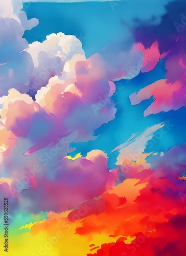 I see colorful clouds in a watercolor painting. They are swirls of pink, purple, and blue. The sky is a deep blue color.