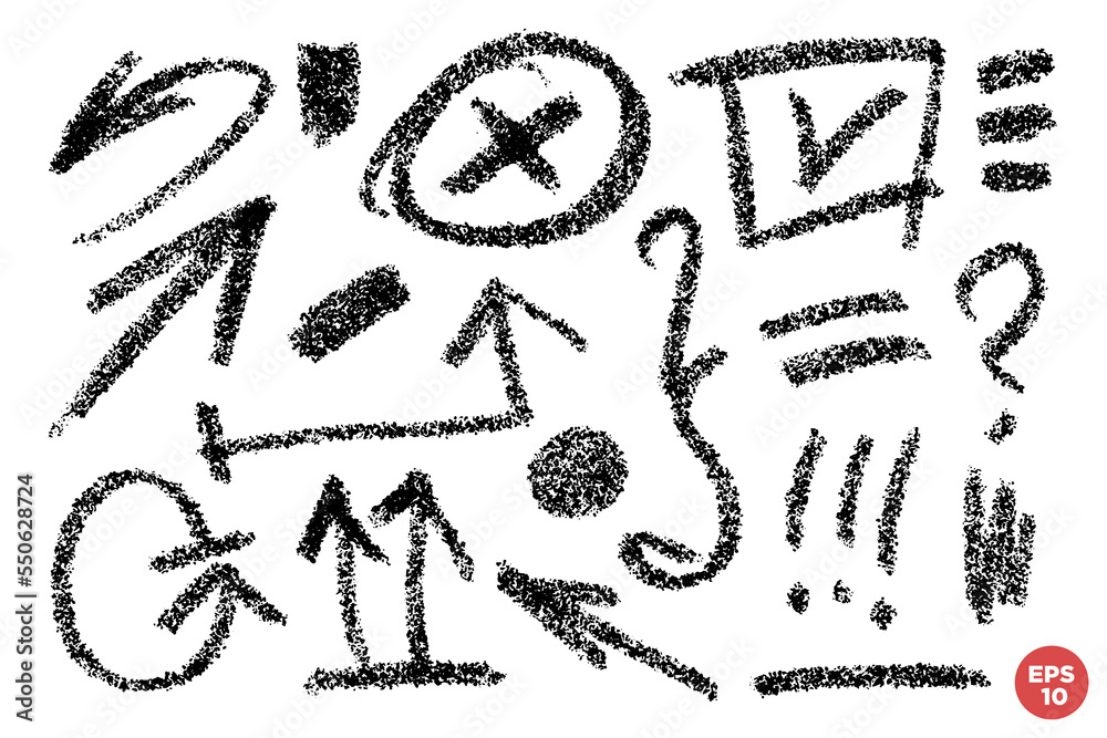 Vector hand drawn design elements. Pencil drawn notes and marks. Set of artistic elements such as arrows, curly brace, check box, underlines, question mark and exclamation point. Monochrome collection Vector hand drawn design elements. Pencil drawn notes and marks. Set of artistic elements such as arrows, curly brace, check box, underlines, question mark and exclamation point. Monochrome collection