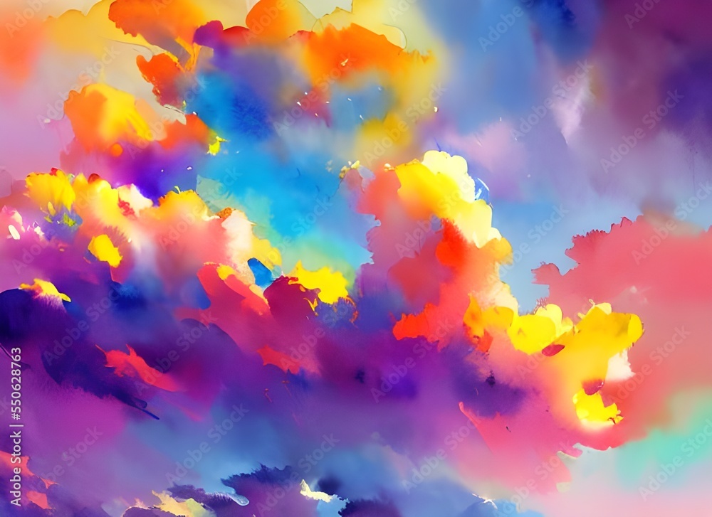 There are colorful clouds in the sky. They look like they were painted with watercolors.