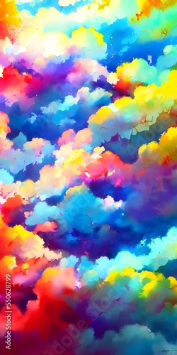 In the sky, there are fluffy clouds in various shades of pink, purple and blue. They look like they were painted with watercolors.