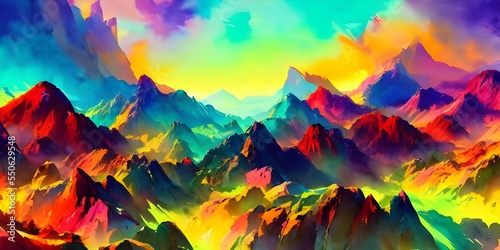 I am looking at a beautiful watercolor painting of mountains in shades of pink, purple, and blue. The sky is a light blue color, and there are some white clouds near the top of the highest mountain. © dreamyart