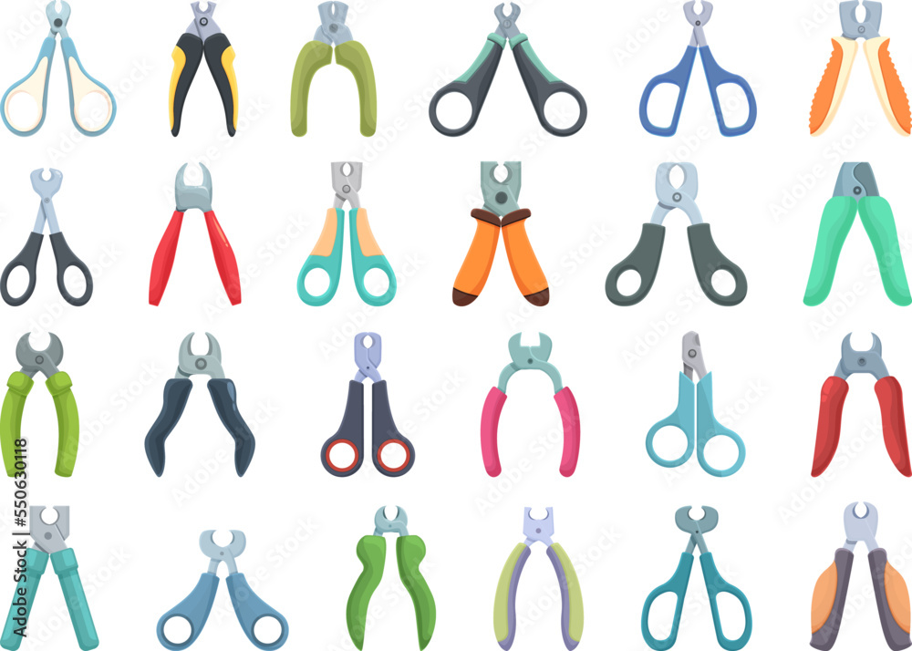 Claw cutter icons set cartoon vector. Pet animal. Care tool Claw cutter icons set cartoon vector. Pet animal. Care tool