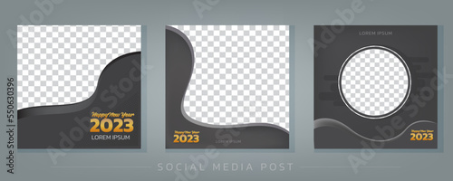 Modern square black banner with space for images. Set Of Happy new year 2023 social media post template design 