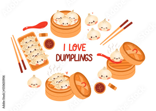 Dumpling and gyoza set vector drawing. Traditional Japanese dumplings with funny smiling faces. Kawaii asian food vector