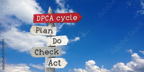 DPCA cycle - plan, do, check, act - wooden signpost with five arrows