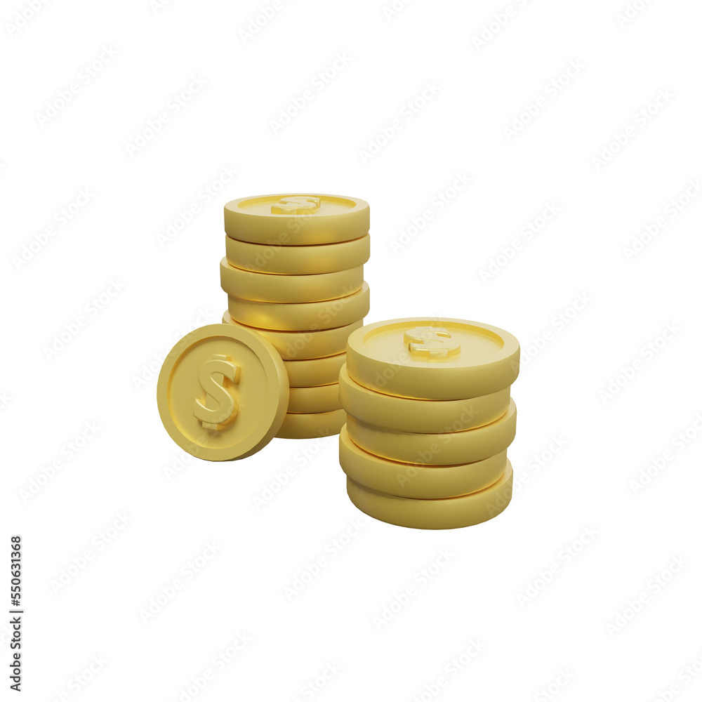 Stack of golden coins. 3d rendering, coins, money, saving concept, Bundles cash on transparent background. Coin 3D render