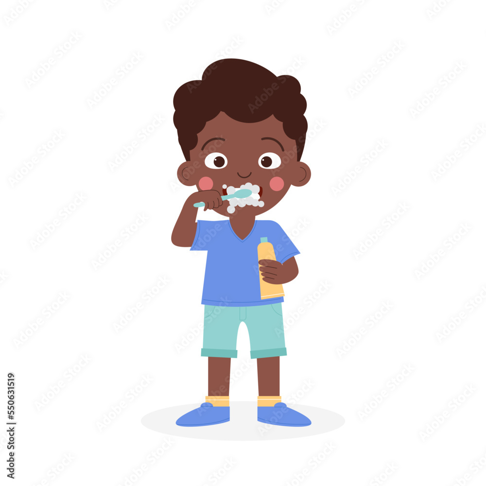 A child boy African American dark-skinned brushes his teeth. National Children’s Dental Health Month