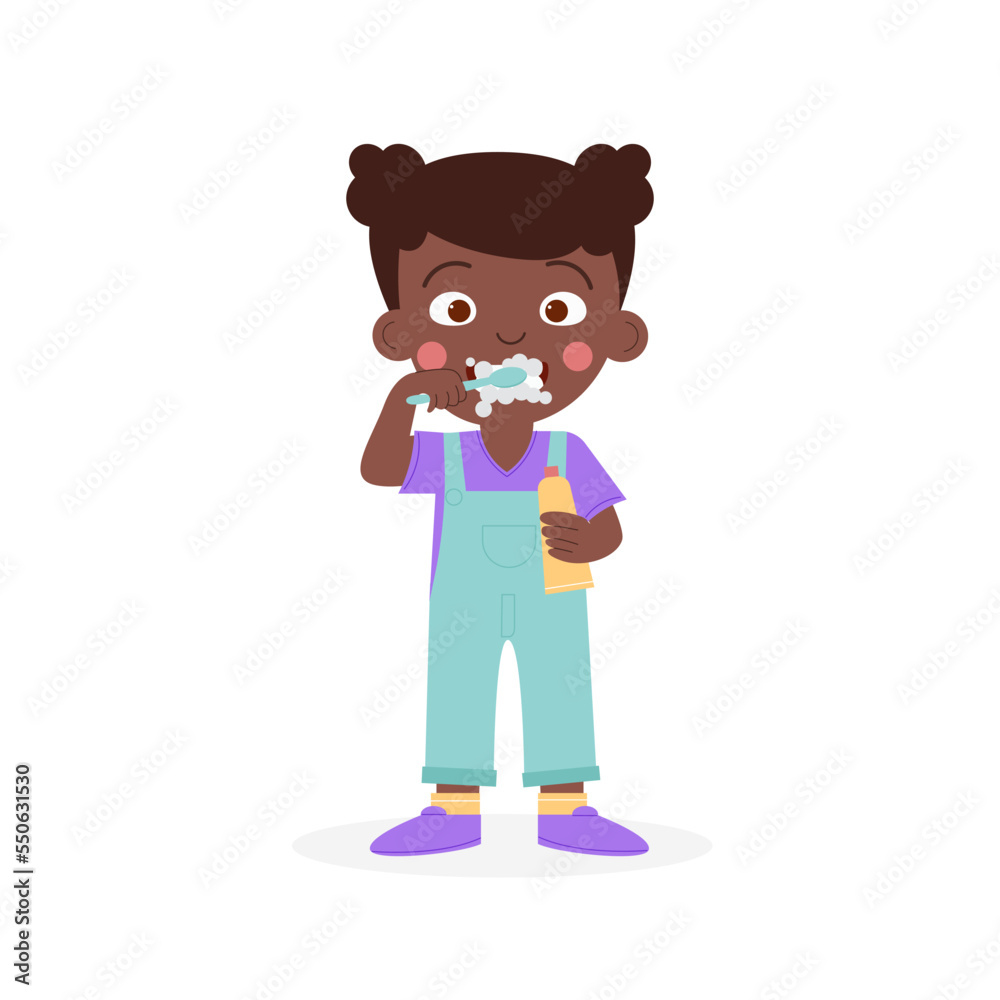 A child girl African American dark-skinned brushes her teeth. National Children’s Dental Health Month