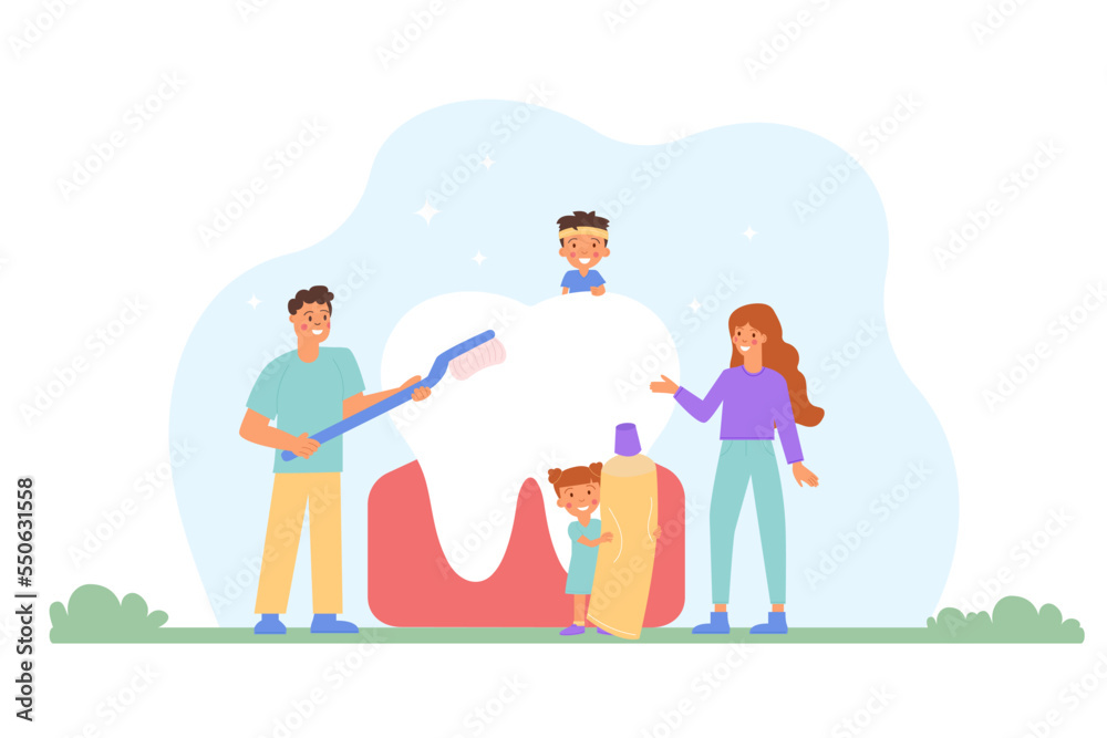 Naklejka premium Family brushing teeth. National Children’s Dental Health Month