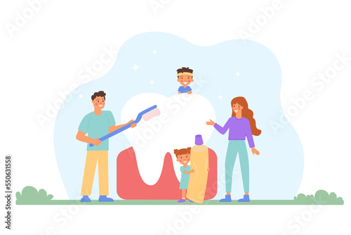 Family brushing teeth. National Children’s Dental Health Month