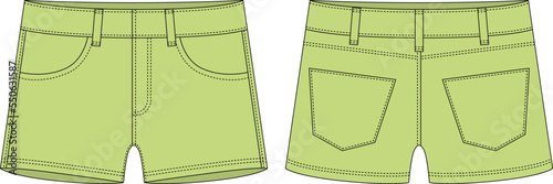Denim short with pockets technical sketch. Light green color. Kids jeans shorts design template.