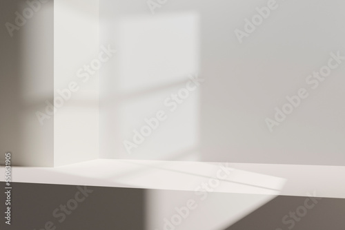 Fototapeta Naklejka Na Ścianę i Meble -  Realistic 3d rendering of white wall with shelf and window light.